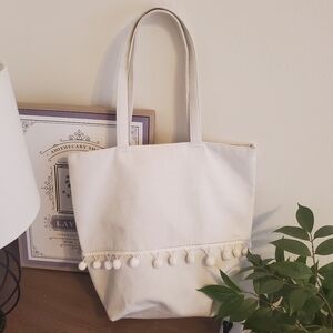 White Pom Pom Boho Canvas Tote - Cute Grocery Errand Book School Shopping Bag